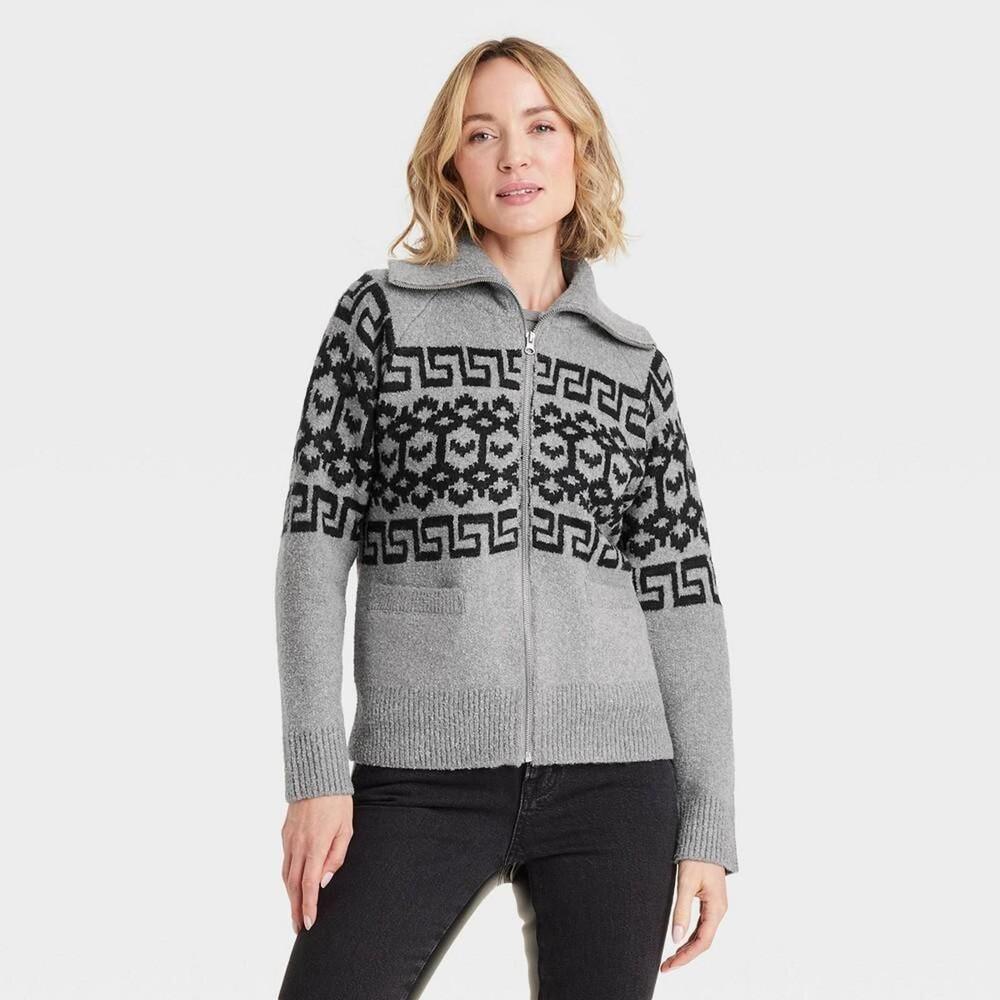 Women's Zip-up Cardigan - Universal Thread™ Heather Gray Zig Zag S